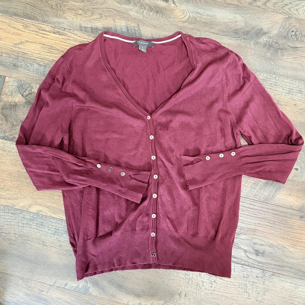 Primark Librarian burgundy Long sleeve preppy button up cardigan large in Red